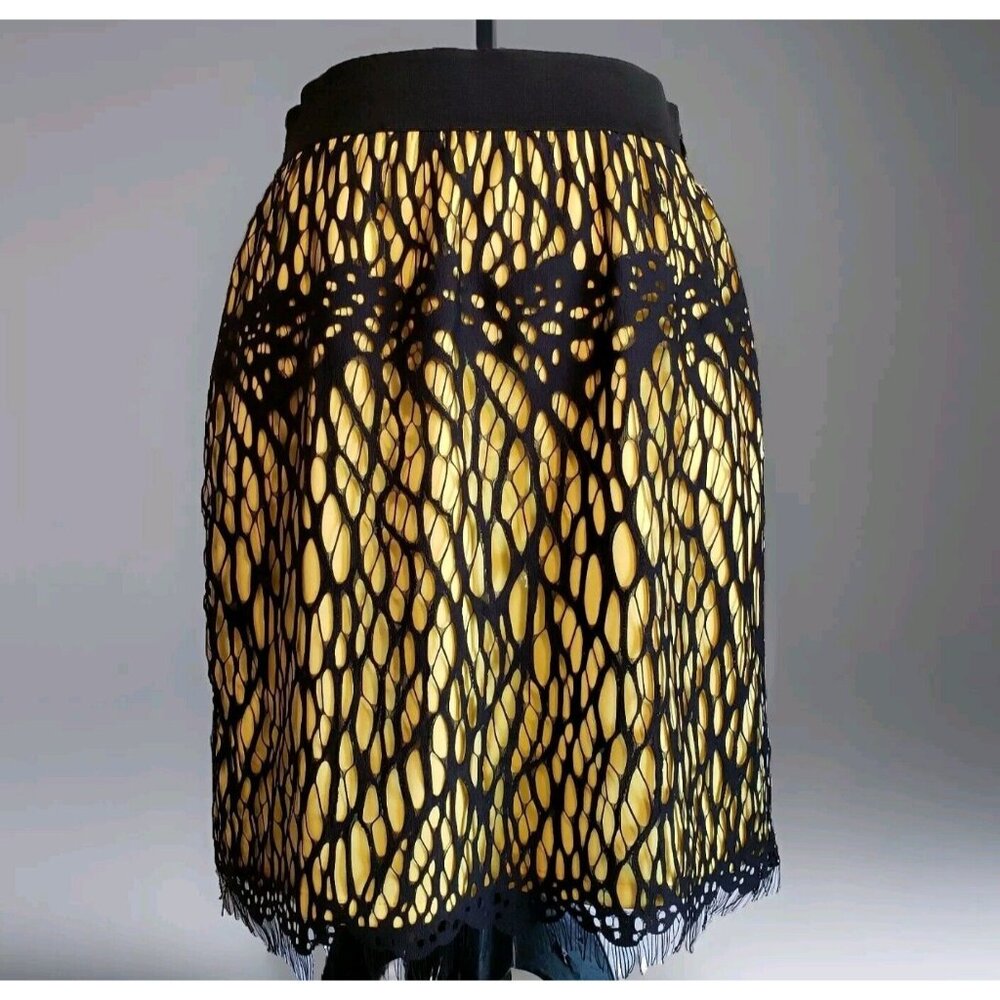 Robert Rodriguez Pencil Skirt 4 Yellow Black Lace Overlay Webbing Stretch Zip
